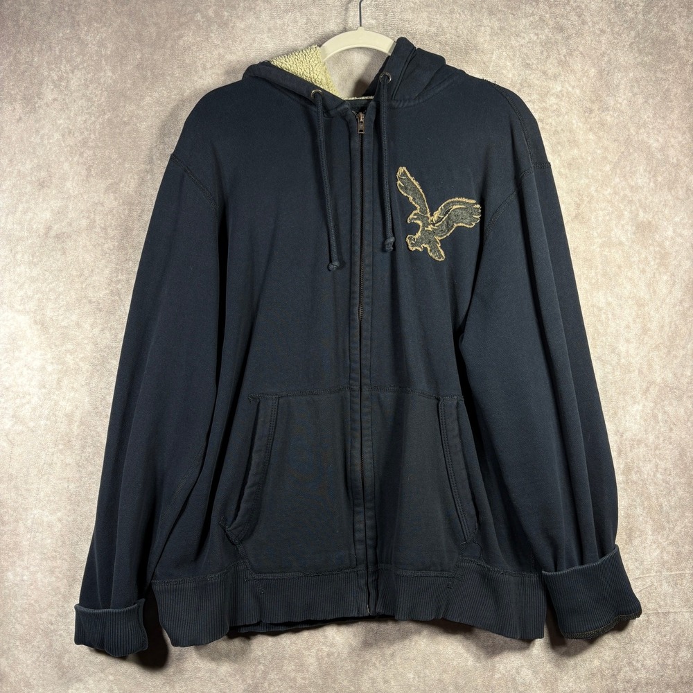 Vintage Y2K‎ American Eagle Hoodie Sweatshirt Mens XL Blue Full Zip Sherpa Lined